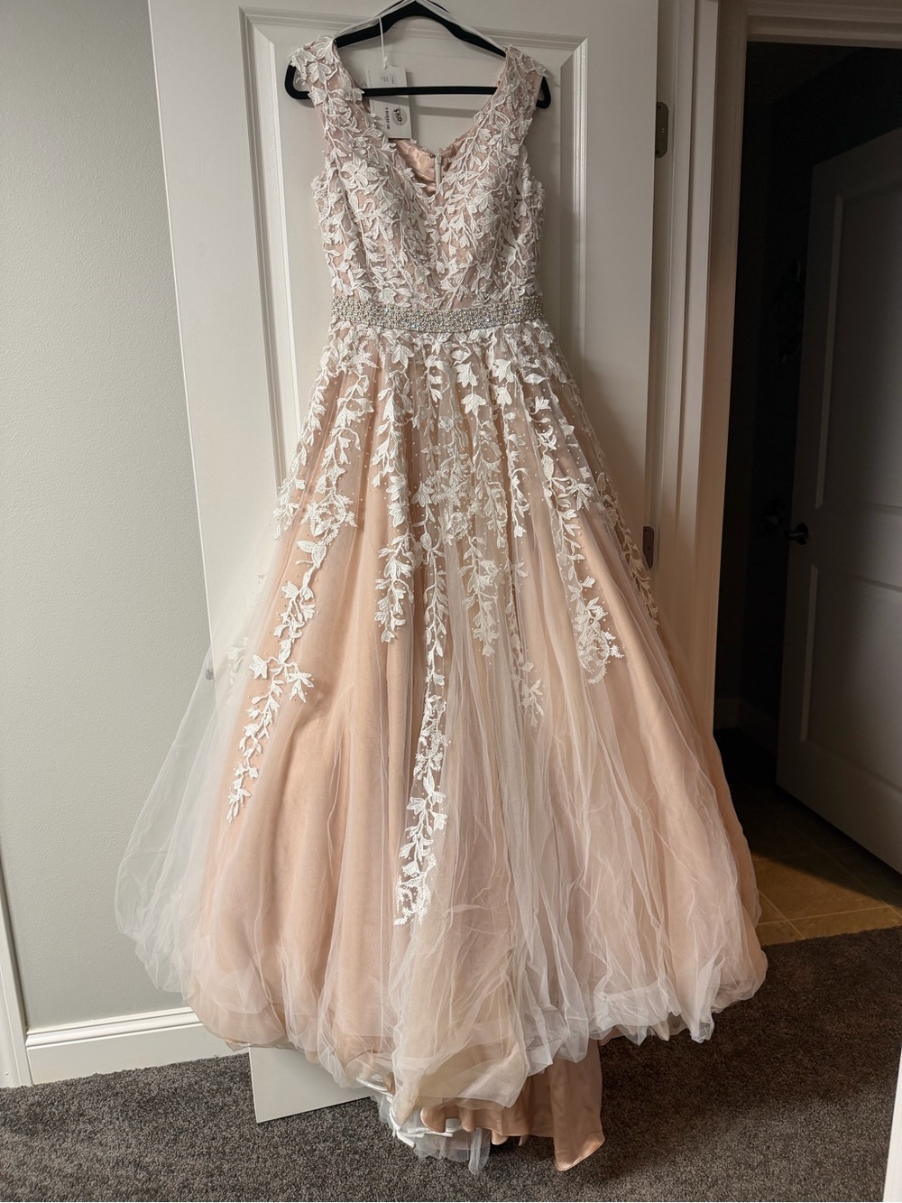Sherri Hill Blush and Ivory Lace Appliqué Wedding Dress